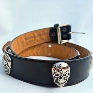 Black Leather Belt w/ Chrome Skull Head Conchos – Size L